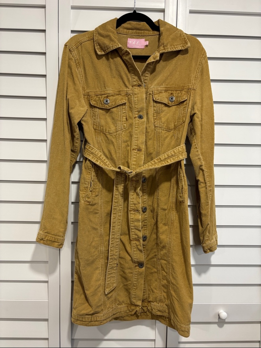 FAE Mustard Corduroy Button-Front Trench Dress